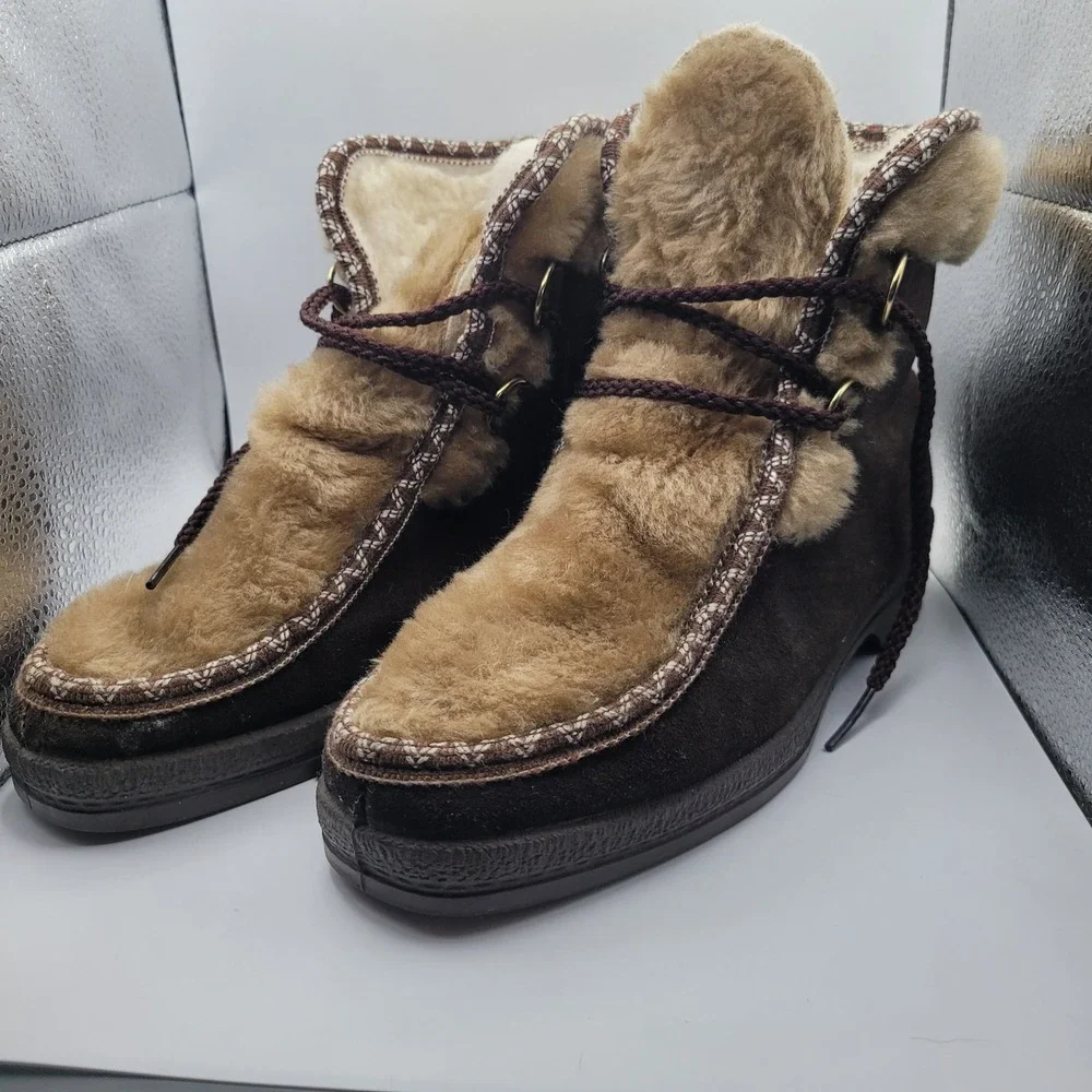 Yodeler Womens 8 Leather Boots Vintage USA Brown Faux Fur Trim Winter Snow Shoes